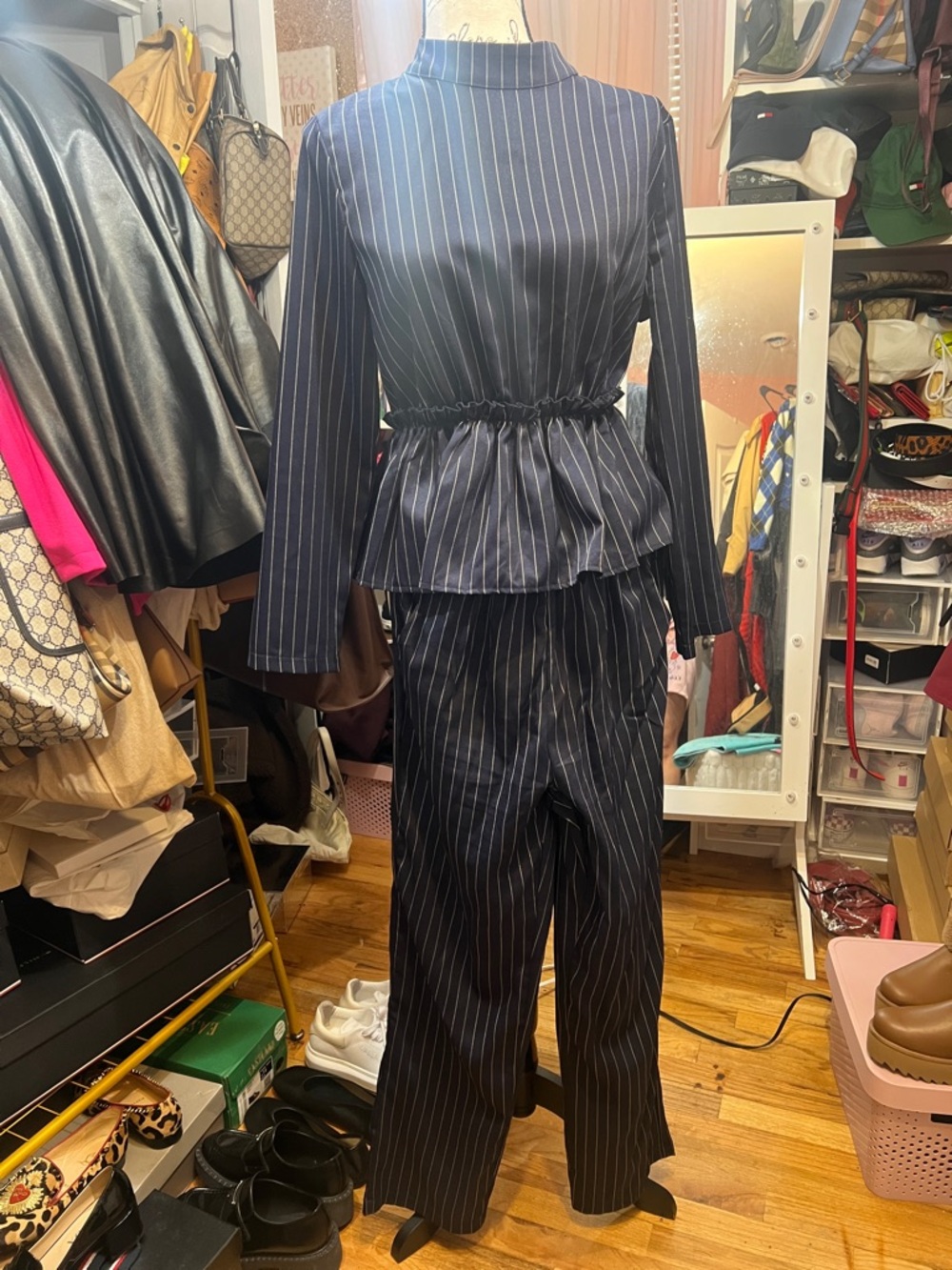 SHEIN Navy Pinstripe Two-Piece Pantsuit